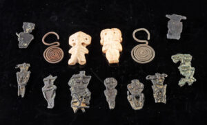 Lot 209b, Auction 3/19/2026: 13 Muisca Tumbaga Tunjos, Chimu Earrings & Taino Amulet
