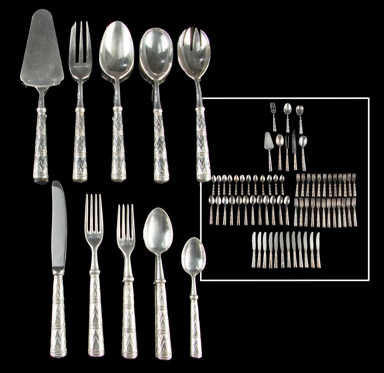 Lot 347, Auction 3/19/2026: French Chambly Arlequin Sterling Silver Flatware 69 pcs
