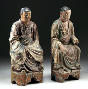 Lot 19a, Auction 3/19/2026: Pair of 18th C. Chinese Qing Wood Lohans w/ Glass Eyes