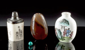 Lot 50, Auction 3/19/2026: Three Chinese Agate, Bone & Porcelain Snuff Jars