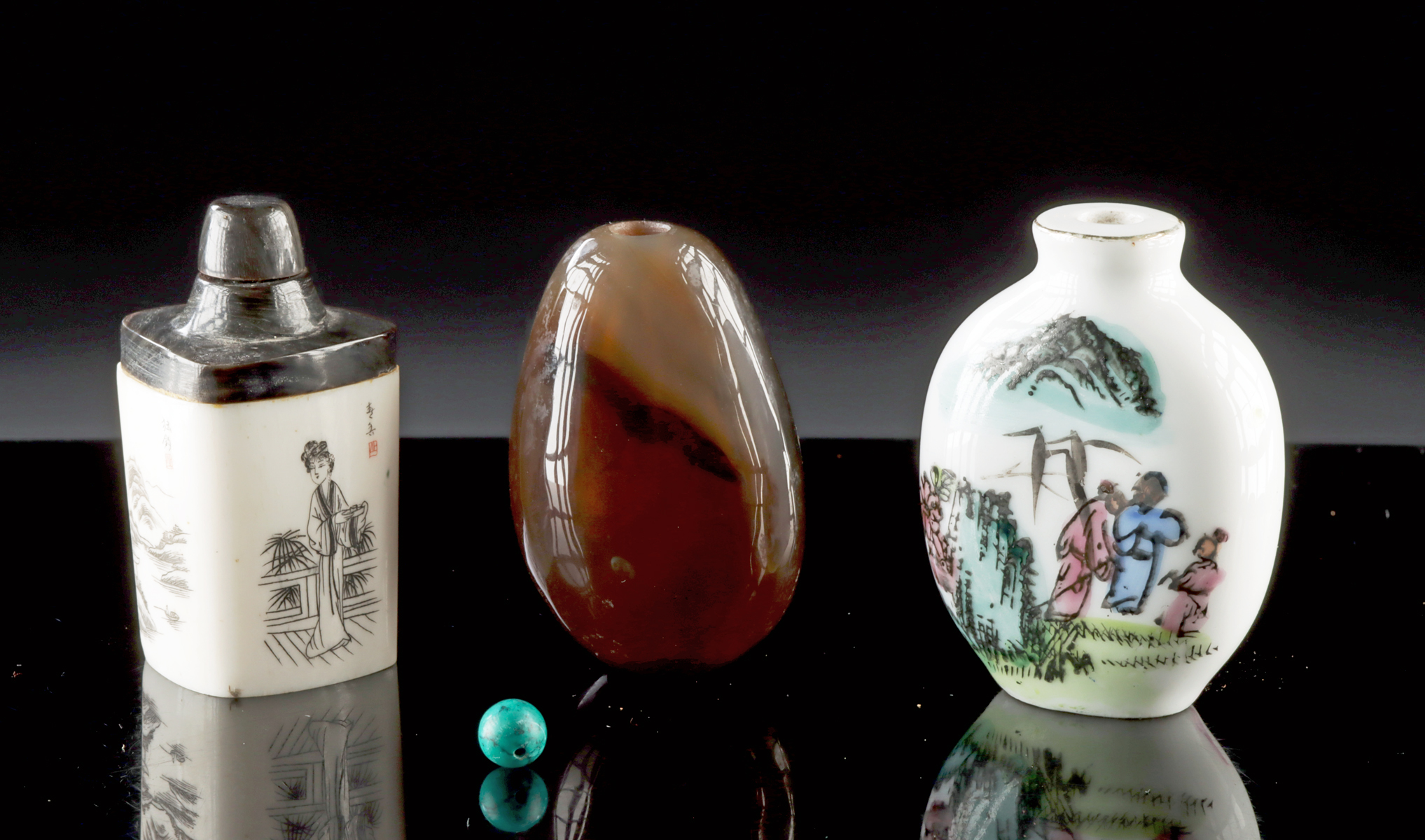 Lot 50, Auction 3/19/2026: Three Chinese Agate, Bone & Porcelain Snuff Jars