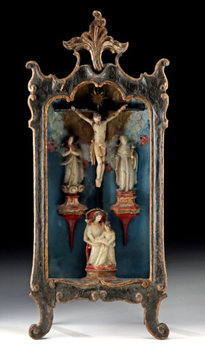 18th C. Brazilian Nicho Crucifixion Tableau & Saints