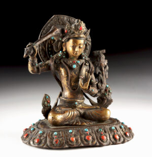 Lot 58, Auction 3/19/2026: 19th C. Tibetan Brass Seated Manjushri w/ Stones