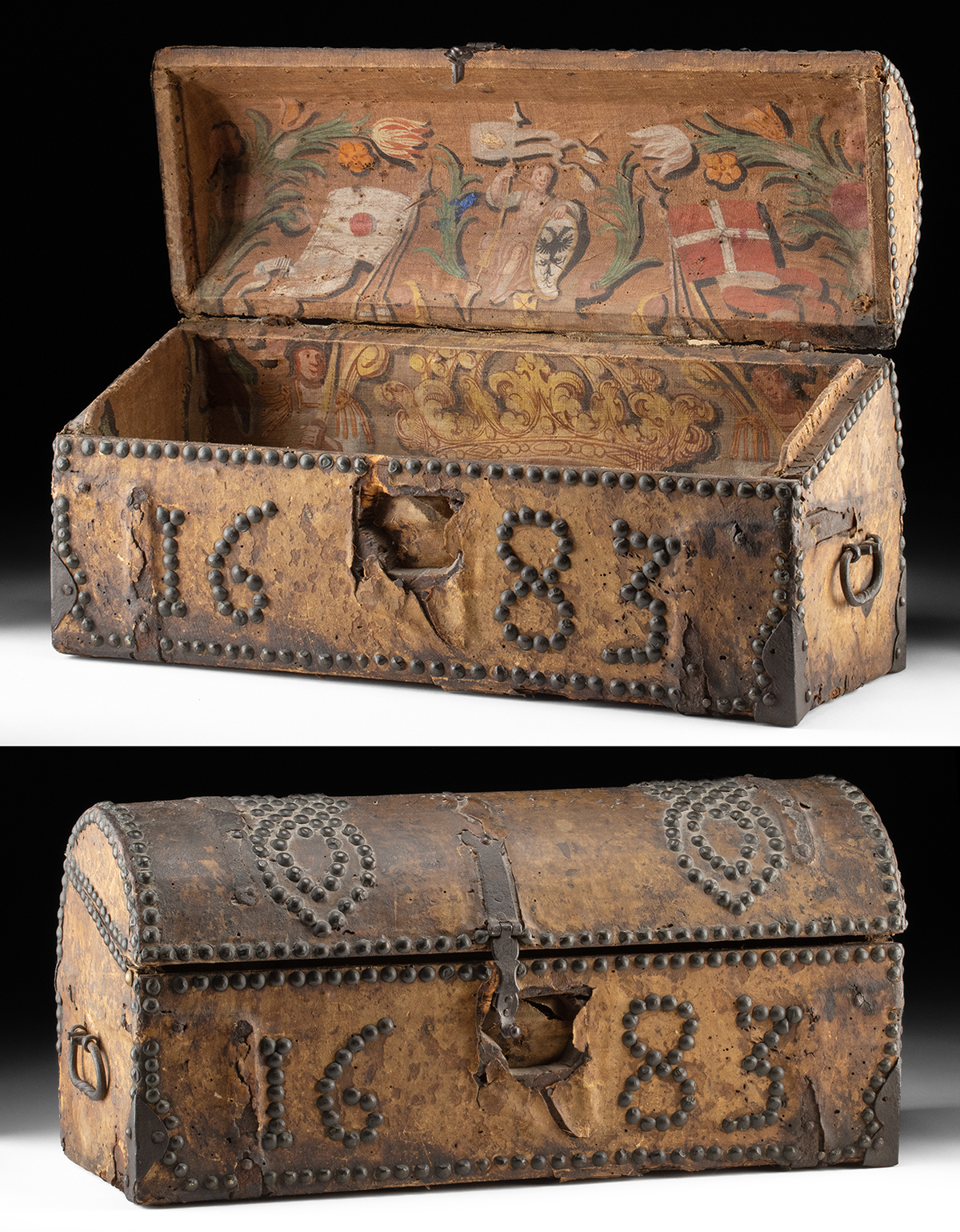 Lot 334, Auction 3/19/2026: Rare 17th C. European Hide & Painted Heraldic Chest
