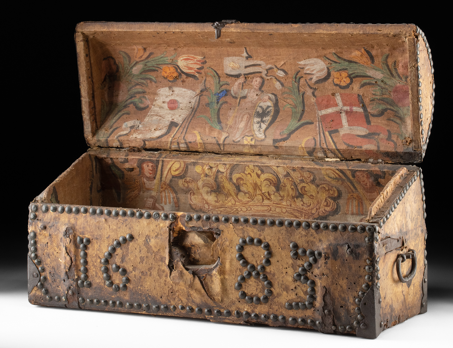 Lot 334, Auction 3/19/2026: Rare 17th C. European Hide & Painted Heraldic Chest - Image 3