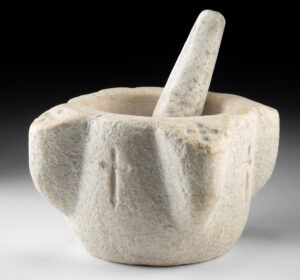 Lot 335, Auction 3/19/2026: 17th C. Spanish Marble Mortar and Pestle with Crosses