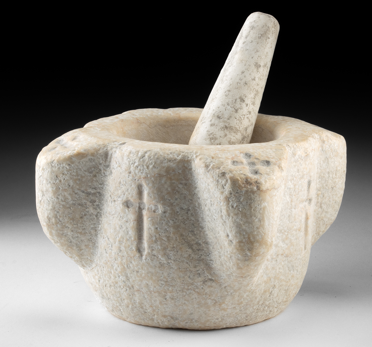 Lot 335, Auction 3/19/2026: 17th C. Spanish Marble Mortar and Pestle with Crosses