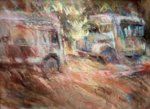 Lot 362, Auction 3/19/2026: Arthur Knebel Pastel - "Old Buses" (1990)