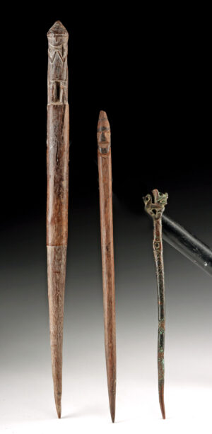 Lot 216, Auction 3/19/2026: Three Chimu Wood Bobbins & Copper Tupu Pin w/ Feline