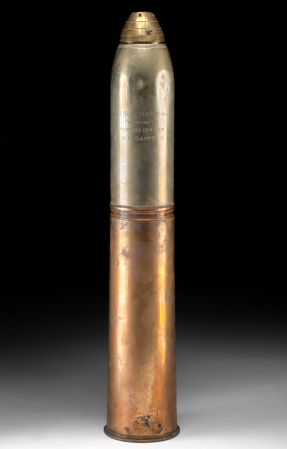Lot 311, Auction 3/19/2026: 1917 Gorham Cocktail Shaker Shrapnel Shell 18 Pounder