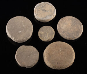Lot 237, Auction 3/19/2026: Six Mississippian Pottery & Stone Game Discoidals