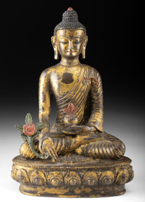 Lot 67, Auction 3/19/2026: Tibetan Brass Medicine Buddha, Holding Healing Plant