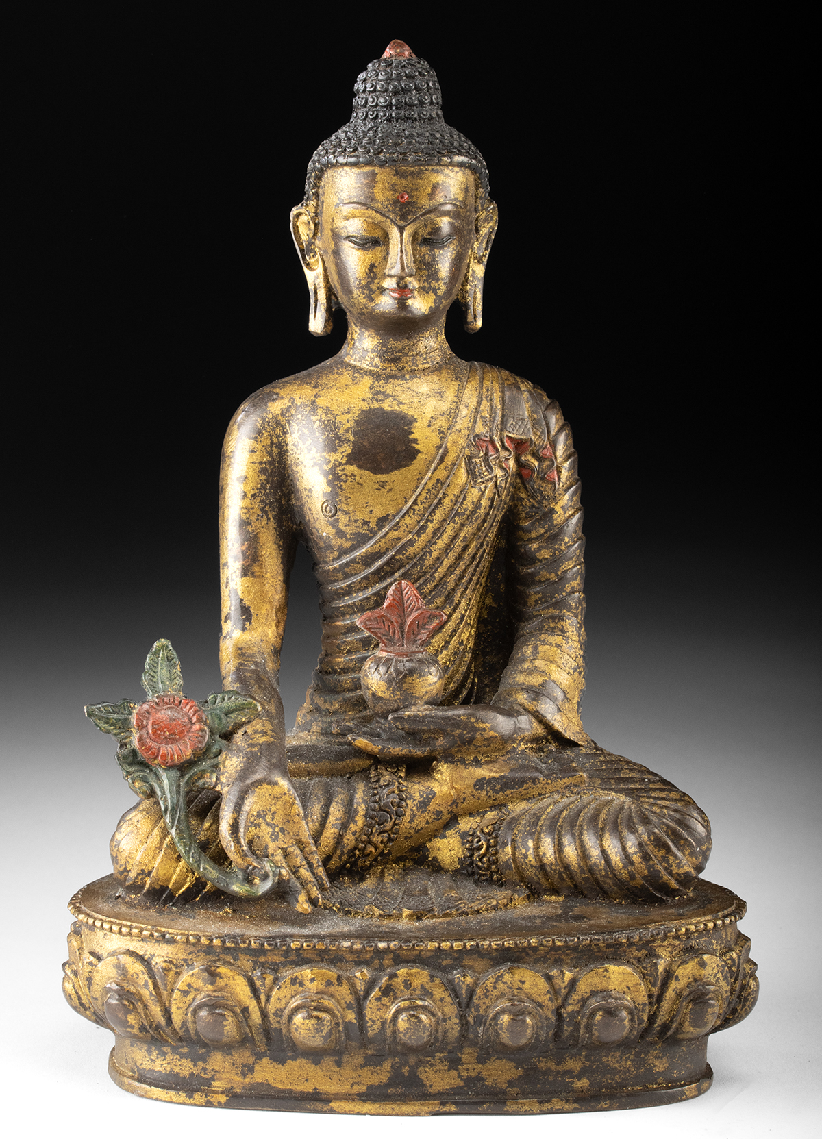 Lot 67, Auction 3/19/2026: Tibetan Brass Medicine Buddha, Holding Healing Plant