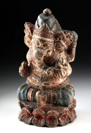 Lot 77, Auction 3/19/2026: Indian Carved Wood Ganesh in Lotus Pose, Four Arms