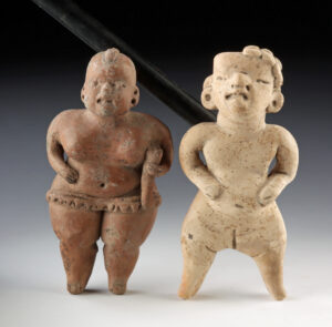 Lot 152, Auction 3/19/2026: Two Olmecoid Pottery Standing Nude Female Figures