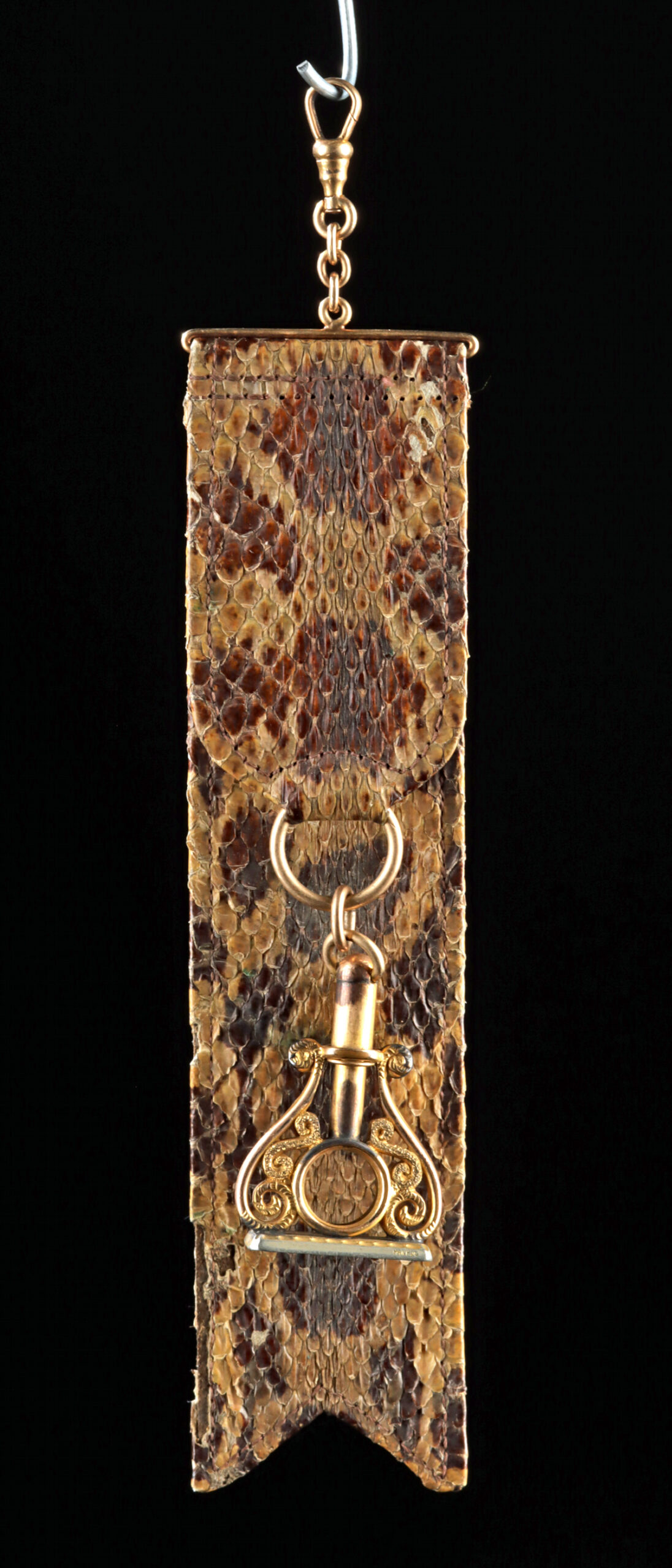 Lot 321, Auction 3/19/2026: 19th C. Gold Watch Fob on Rattlesnake Skin Strap
