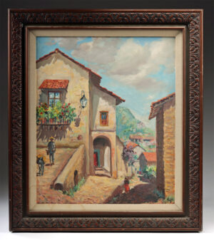 Lot 354, Auction 3/19/2026: Fidel Figueroa Painting - Village Street Scene in Taxco