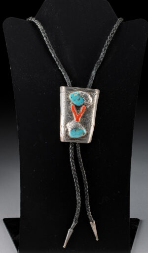 Lot 267, Auction 3/19/2026: Navajo Sterling Silver, Turquoise & Coral Bolo Tie