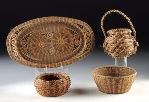 Lot 326, Auction 3/19/2026: 4 American Folk Art Pine Needle & Raffia Woven Baskets