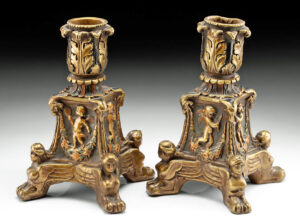 Lot 225, Auction 4/20/2026: 1930s Revival Enameled Copper Sphinx-Leg Candlesticks
