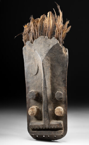 Lot 96a, Auction 4/20/2026: African Grebo Abstract Wood Mask with Feathers