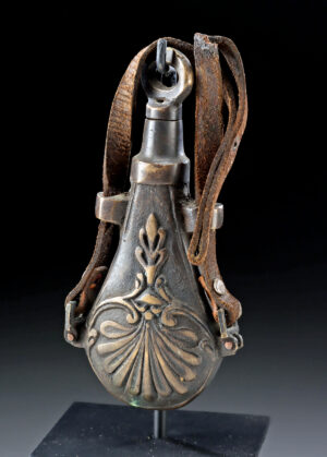 Lot 108, Auction 4/20/2026: 19th C. Indonesian Sulawesi Brass Powder Flask