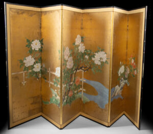 Lot 200, Auction 4/20/2026: Japanese Kano School–Style Screen Peonies on Gold Leaf