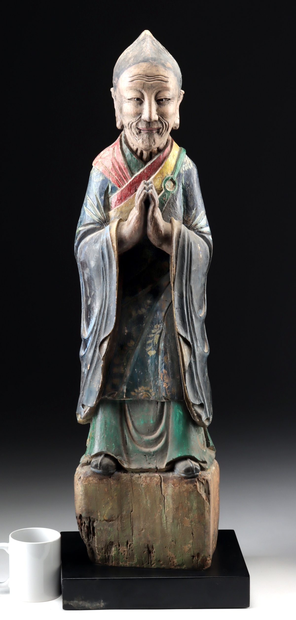 Lot 101, Auction 4/12/2026: 19th C. Chinese Qing Wood Standing Monk w/ Glass Eyes