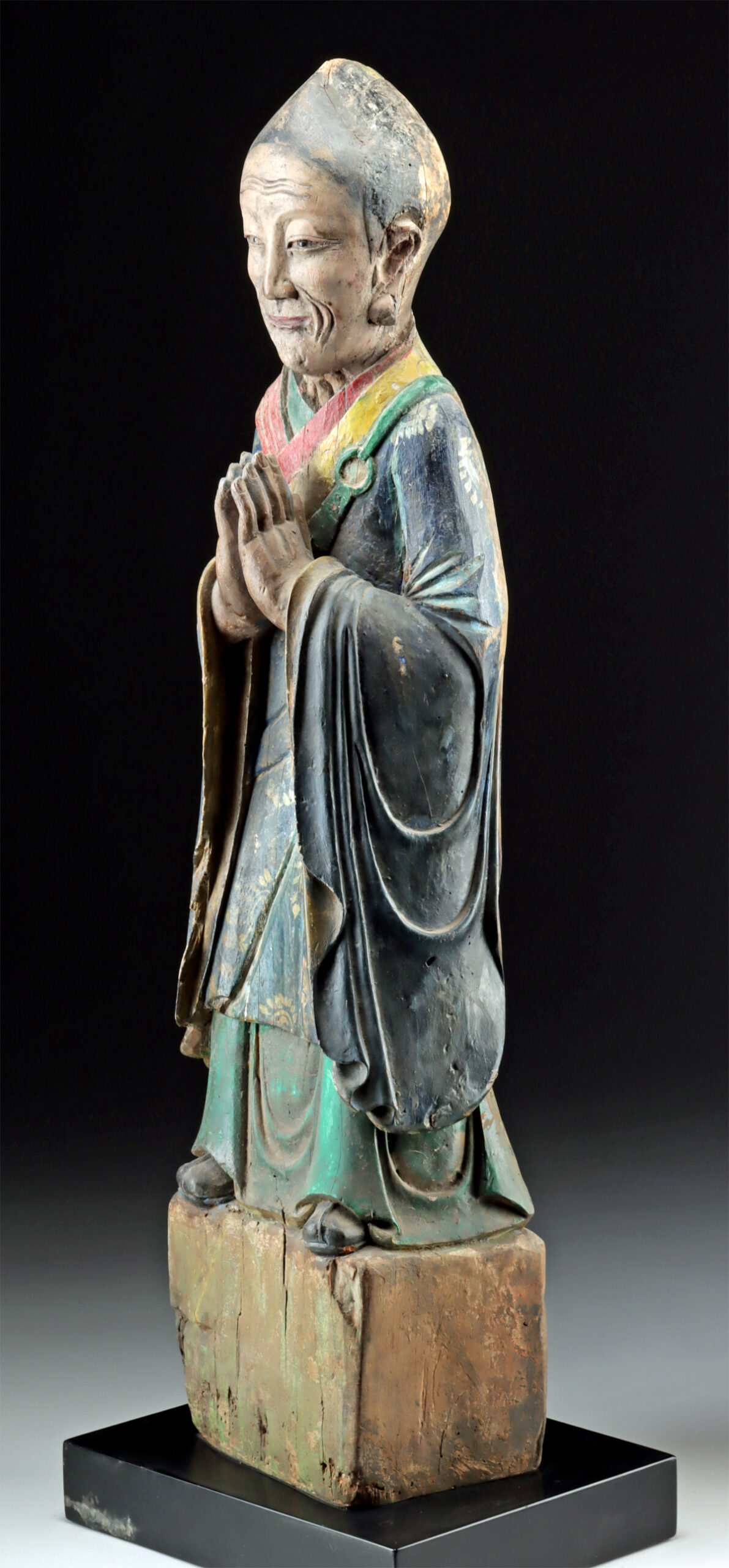Lot 101, Auction 4/12/2026: 19th C. Chinese Qing Wood Standing Monk w/ Glass Eyes - Image 3