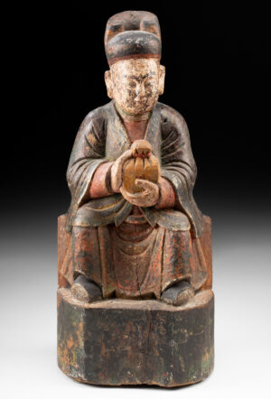 Lot 185, Auction 4/20/2026: Qing Dynasty Polychrome Wooden Lohan Figure