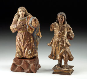 Lot 234a, Auction 4/20/2026: 2 Baroque Gilt Wood Figures - Angel & Mary w/ Glass Eye