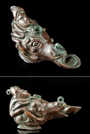 Lot 150, Auction 4/20/2026: Romano-Egyptian Bronze Lamp Erotic Satyr Equestrian