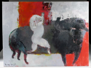 Lot 307, Auction 4/20/2026: Yang Yang Mixed Media Painting - Dancing Nude and Bull