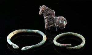 Lot 157a, Auction 4/20/2026: Two Ancient Bronze Age Cuff Bracelets & Horse Figurine