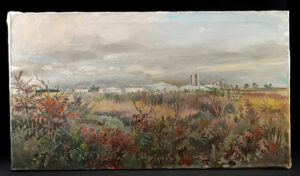 Lot 259, Auction 4/20/2026: Edith Kramer Painting "Jersey Landscape w/ Moon" (1988)