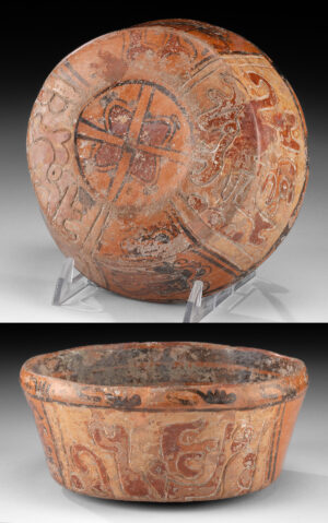 Lot 55a, Auction 4/12/2026: Maya Polychrome Incised Bowl of Monkey & Reptile Motifs
