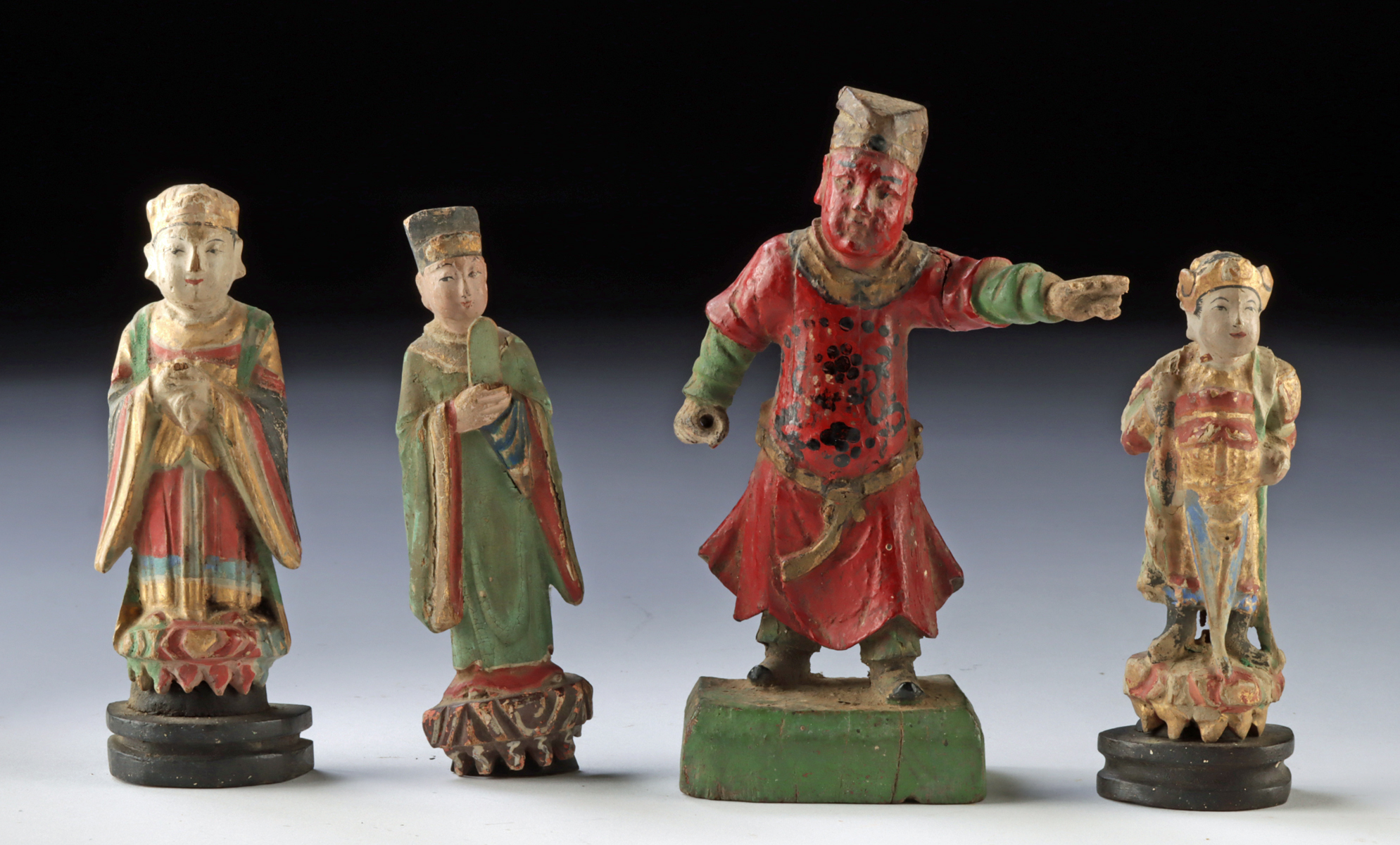 Lot 107a, Auction 4/12/2026: Four Chinese Qing Painted & Gilt Wood Figures