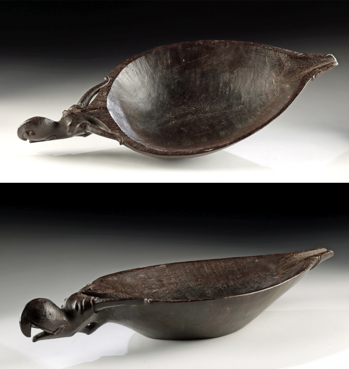 Lot 116b, Auction 4/12/2026: Dayak Ironwood Bowl w/ Hornbill Shaped Handle