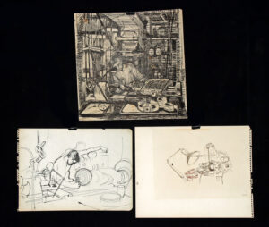 Lot 264, Auction 4/20/2026: Three Edith Kramer Ink Drawings - Worker at Lathe 1940s