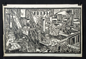 Lot 261, Auction 4/20/2026: Edith Kramer Woodblock - New York City Rooftops (1947)