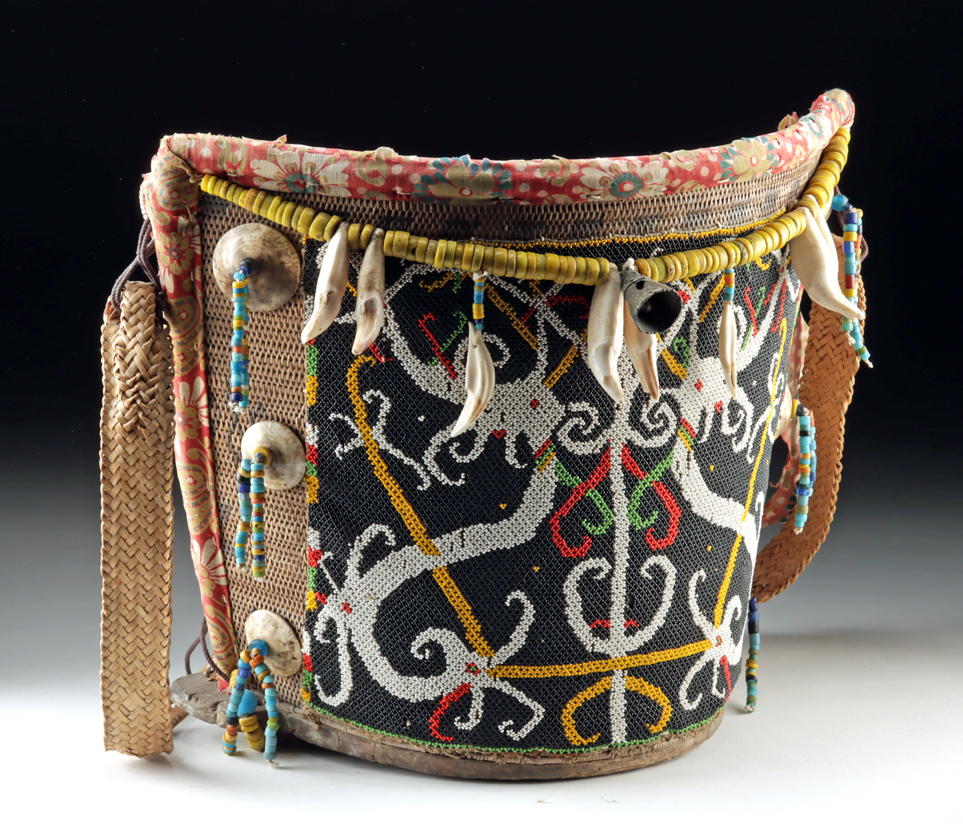 Lot 117a, Auction 4/12/2026: Borneo Dayak Beaded Baby Carrier w/ Bear Teeth & Shells