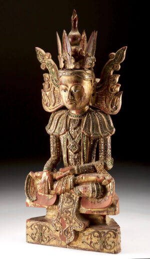 Lot 189, Auction 4/3/2026: Large 19th C. Burmese Coppered Wood Crowned Buddha
