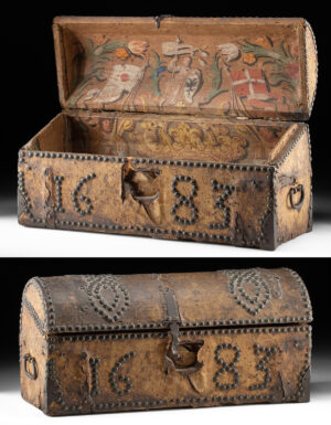 Lot 149, Auction 4/12/2026: Rare 17th C. European Hide & Painted Heraldic Chest