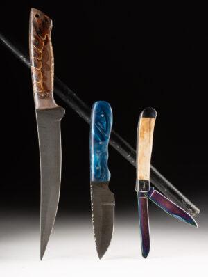 Lot 223, Auction 4/3/2026: Three Handcrafted Knives w/ Damascus Steel Blades