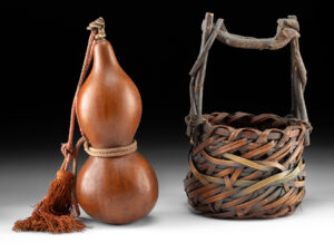Lot 205, Auction 4/20/2026: Japanese Rustic Ikebana Basket & Hyotan Gourd Vessel