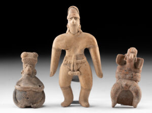 Lot 48, Auction 4/20/2026: Two Colima Pottery Figures & One Figural Rattle