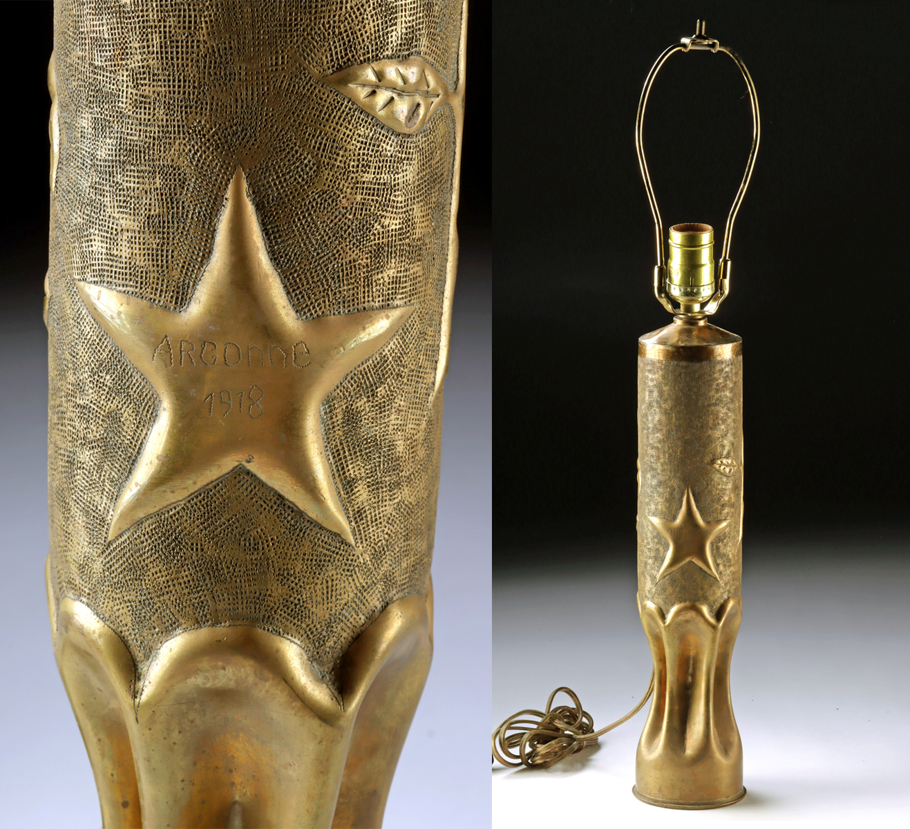 Lot 141, Auction 4/12/2026: WWI Argonne 1918 Trench Art Shell Lamp