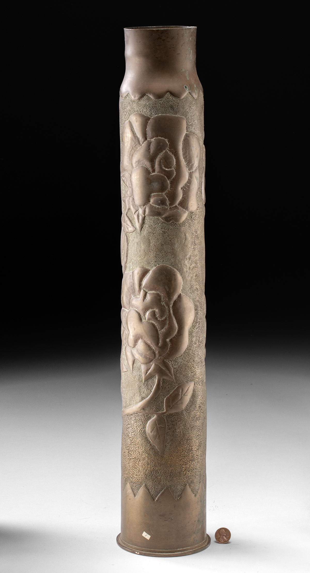 Lot 218, Auction 4/3/2026: WWI Trench Art Brass 50 Caliber Shell Casing with Roses - Image 3