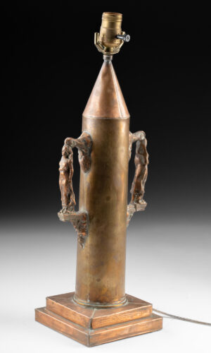 Lot 243, Auction 4/20/2026: WWI Trench Art Shell Lamp with Figural Handles
