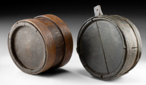 Lot 235, Auction 4/20/2026: Two 19th C. Wooden Staved Costrel Travel Canteens